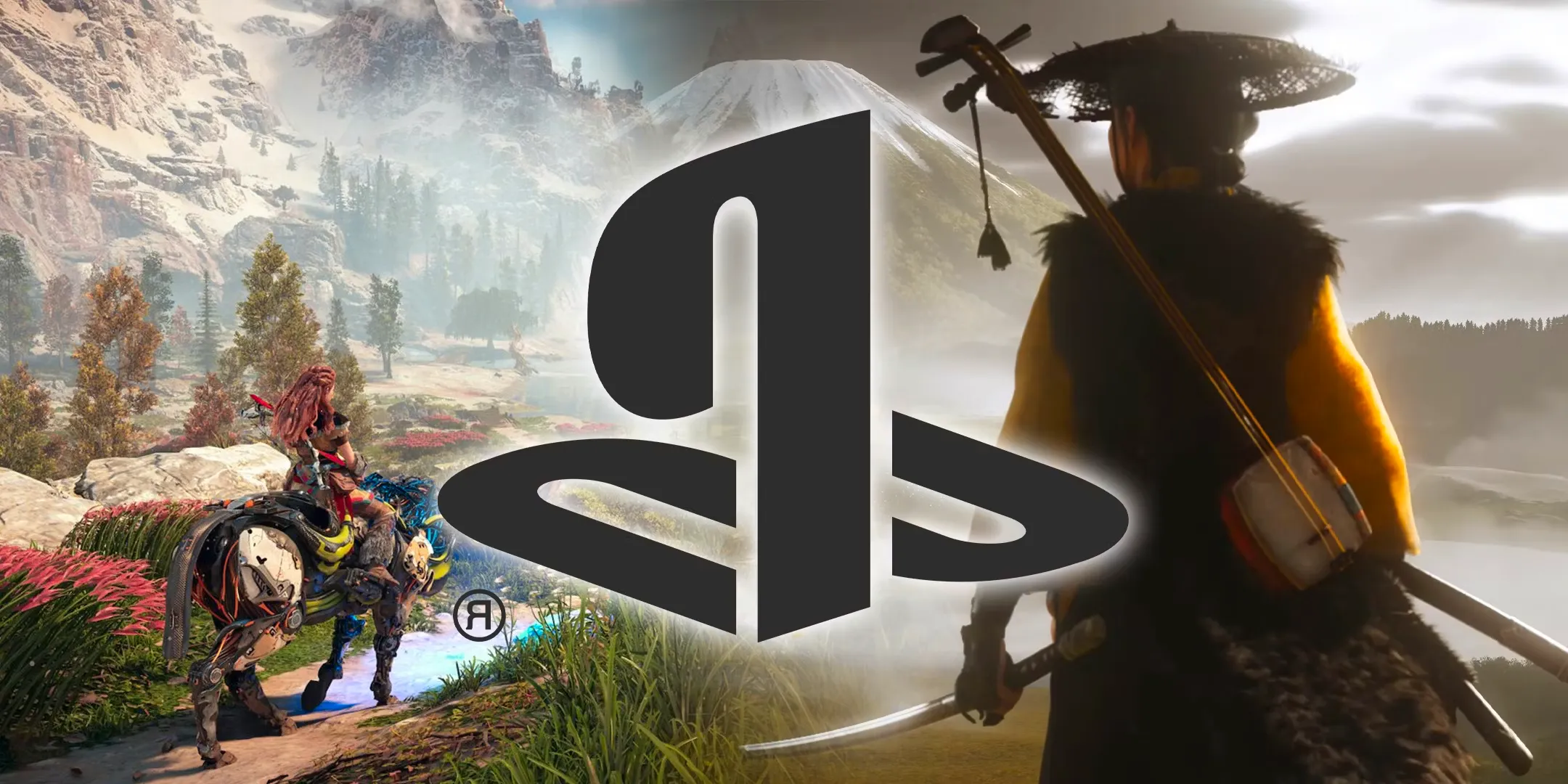 Yotei and Aloy looking out over horizons in Ghost of Yotei and Horizon Zero Dawn with a PS logo superimposed. Image