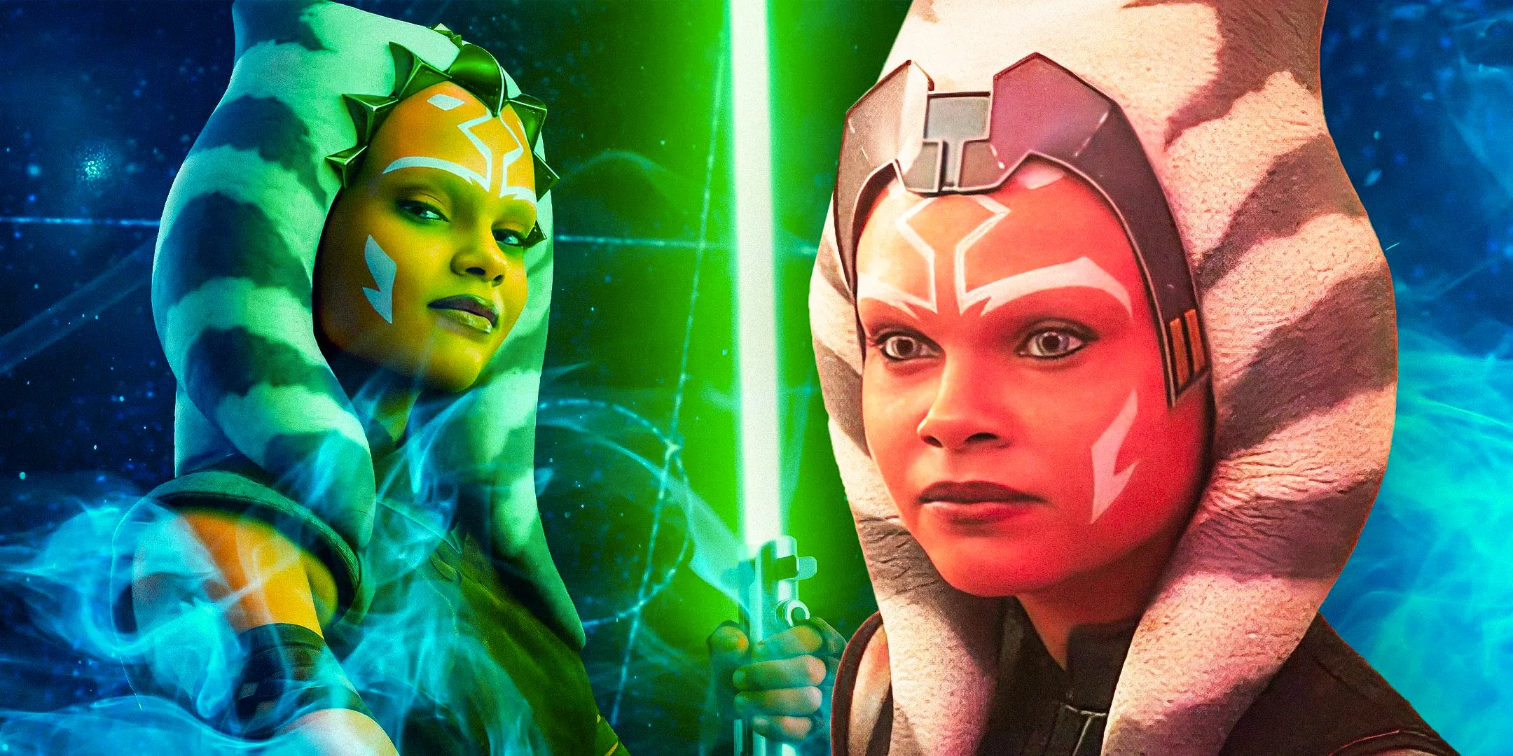 Young Ahsoka in live-action to the left looking concerned and young Ahsoka in live-action to the right holding a green lightsaber and looking confident Image