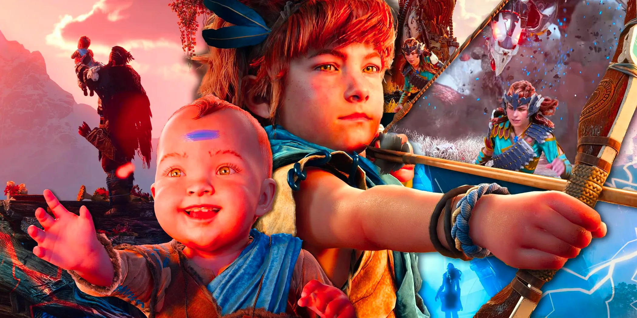 Young Aloy aiming a bow and arrow in Horizon Zero Dawn Remastered with a collage of other images from the game. Image