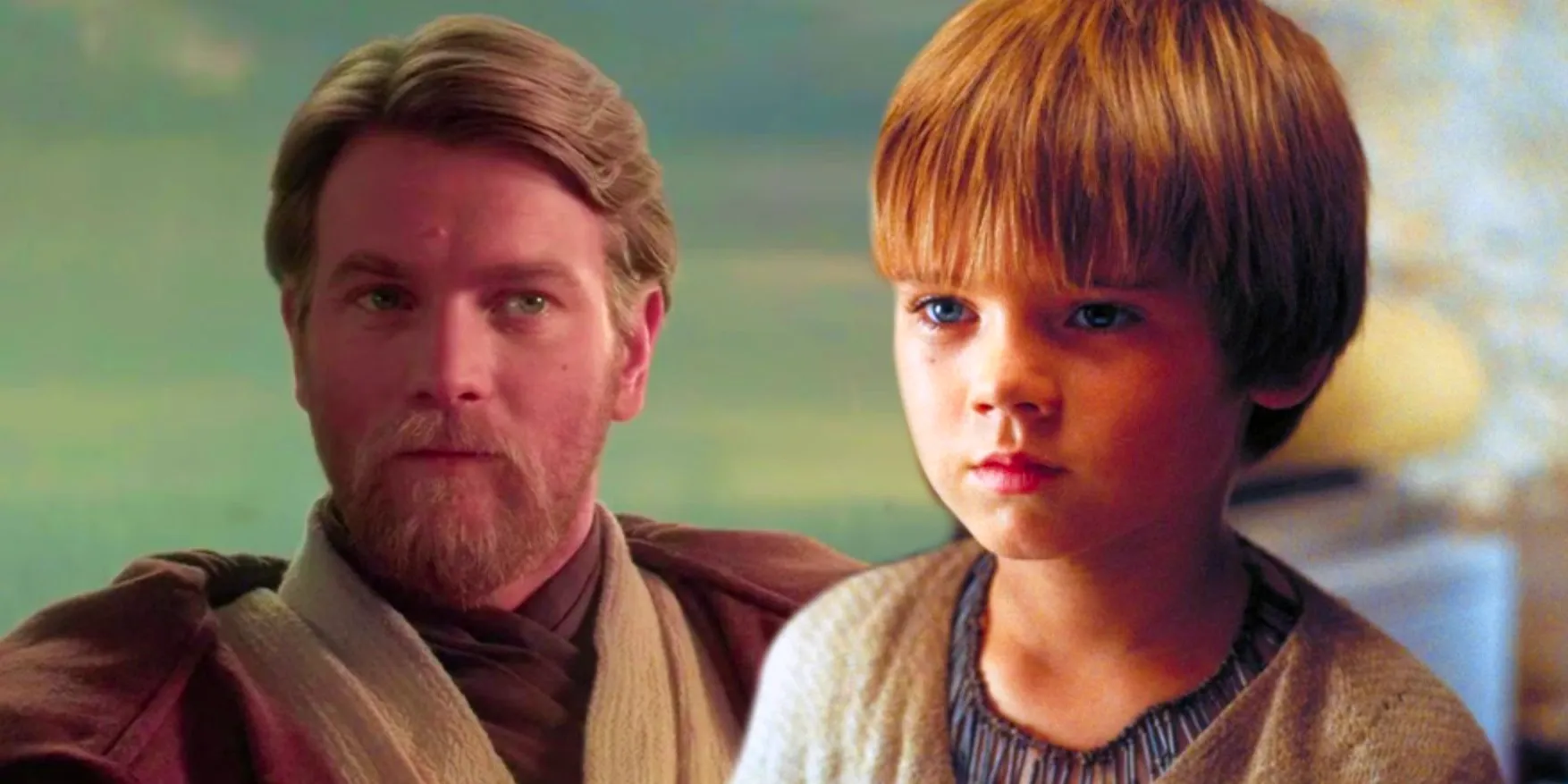 Young Anakin in The Phantom Menace looking serious to the left and Obi-Wan Kenobi in Revenge of the Sith to the right looking curious in a combined image Image