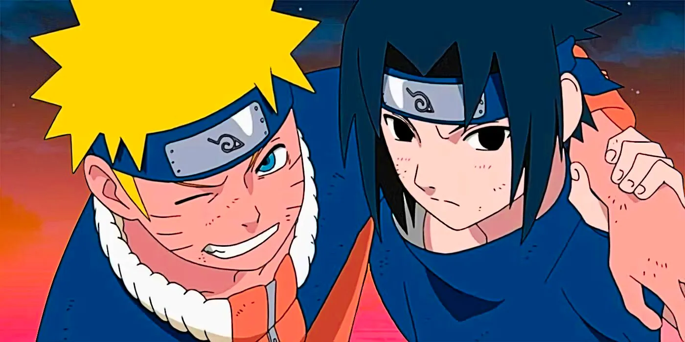 Young Sasuke is helping young Naruto walk after a battle that left both exhausted Image