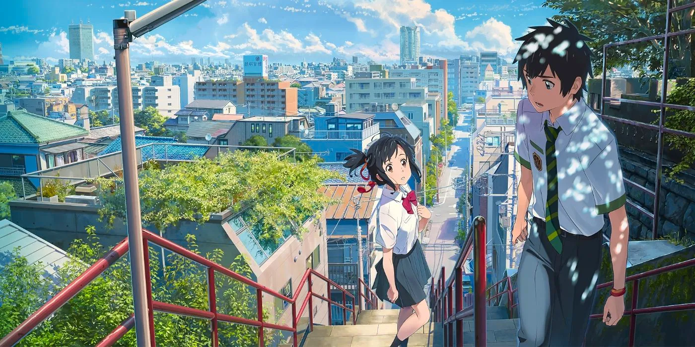 Your Name. Mitsuha and Taki looking at each other in the city while walking up and down the stairs Image