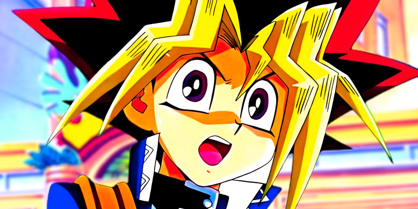 Yugi worried, showing a shocked expression. Behind him, Duke's game store can be seen.  Image