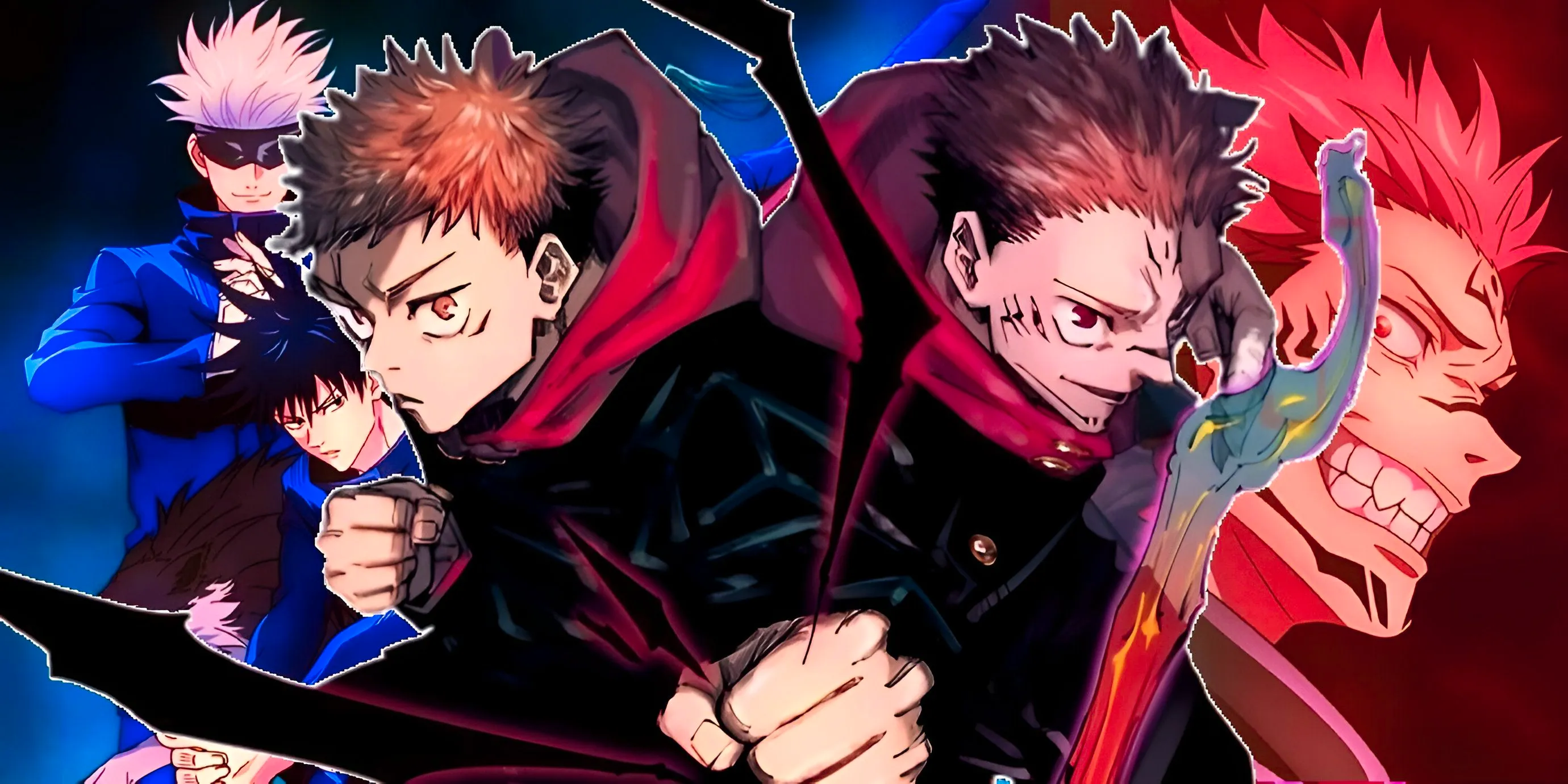 yuji and sukuna in front of Gojo and Megumi jujutsu kaisen  Image