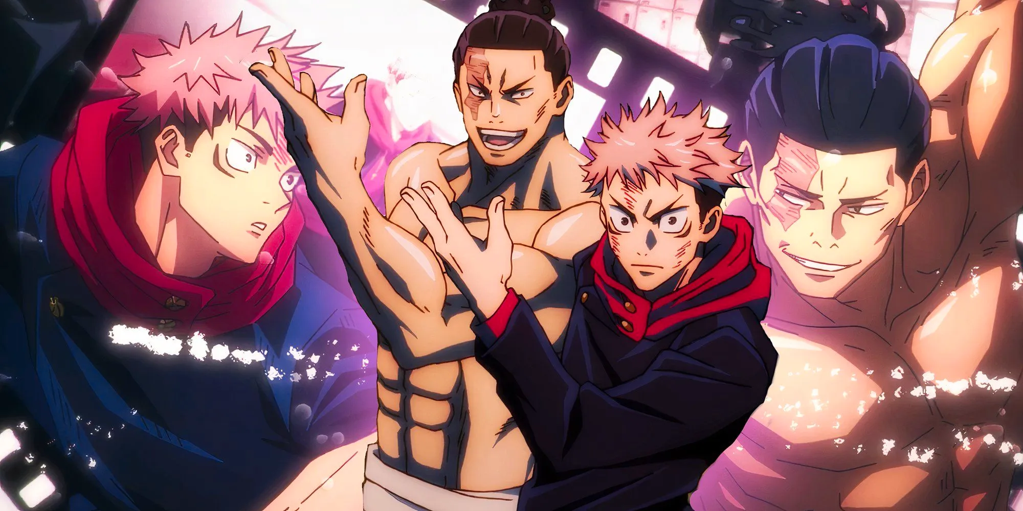 Yuji and todo in jujutsu kaisen standing back to back with one hand raised each and with yuji and choso mid fight in the background as seen in the anime Image