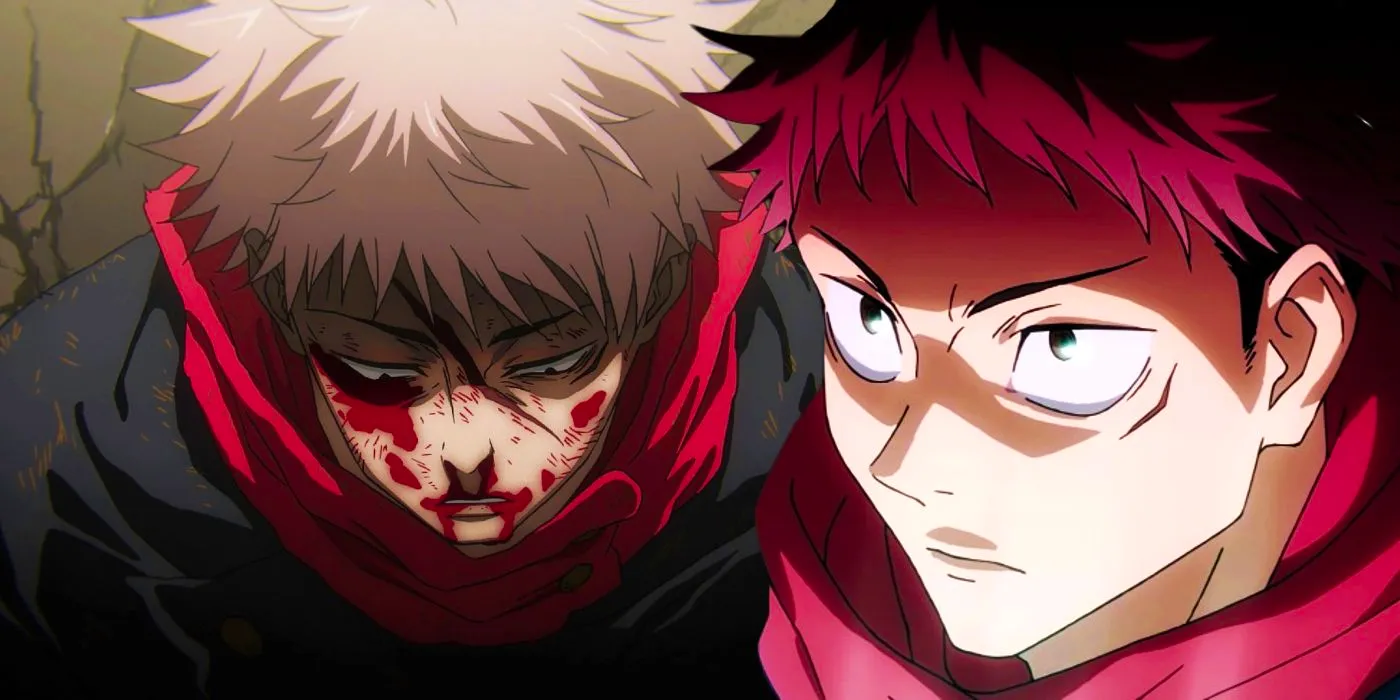 Yuji looking determined towards a bloody and beaten Yuji in Shibuya in Jujutsu Kaisen Image