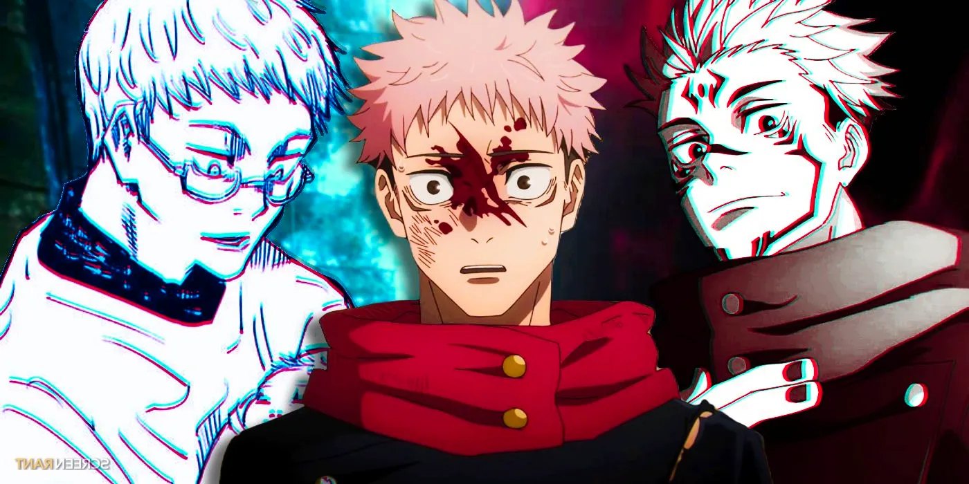 Yuji looking shocked with blood splattered across his face with Sukuna to the left looking down and smiling slightly and Jin Itadori to the right as seen in the manga looking down at a baby in Jujutsu Kaisen Image