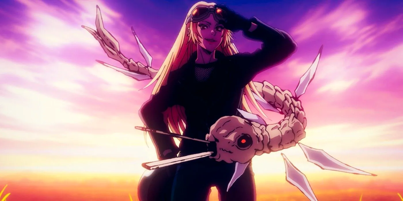 Yuki Tsukumo from Jujutsu Kaisen with her shinigami standing against a sunset. Image