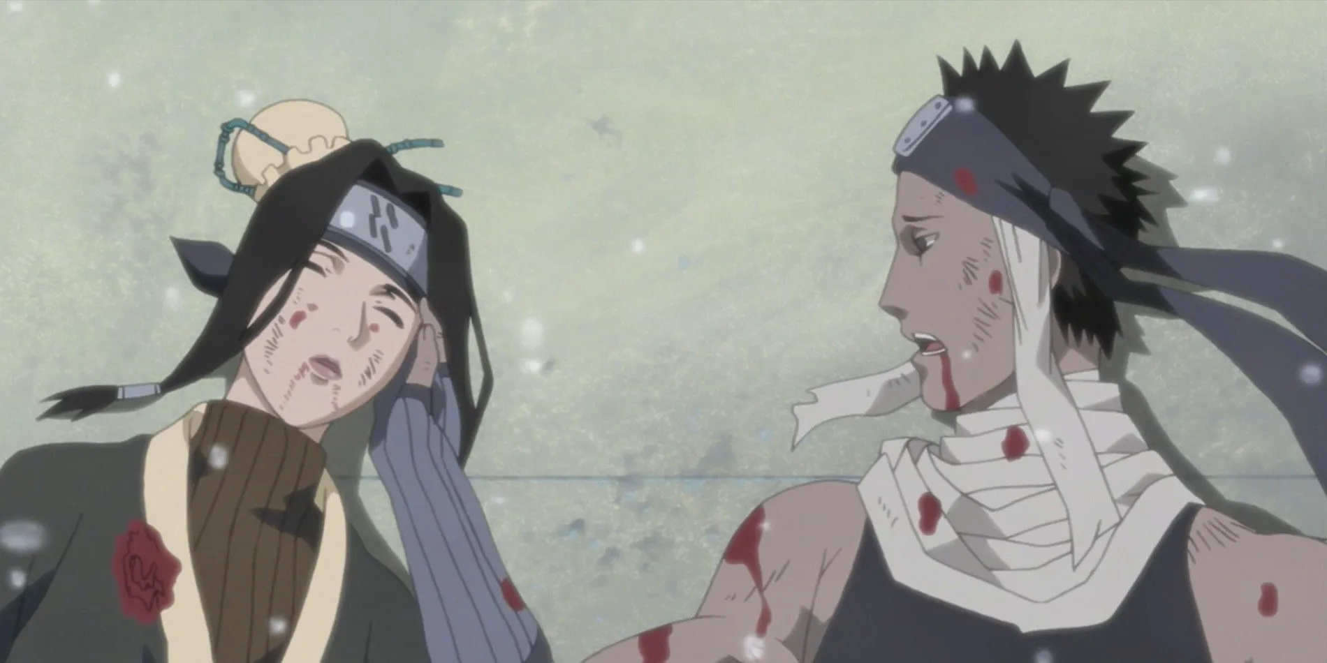 Zabuza and Haku in Naruto, depicting Zabuza touching Haku's face after the two are defeated. Image