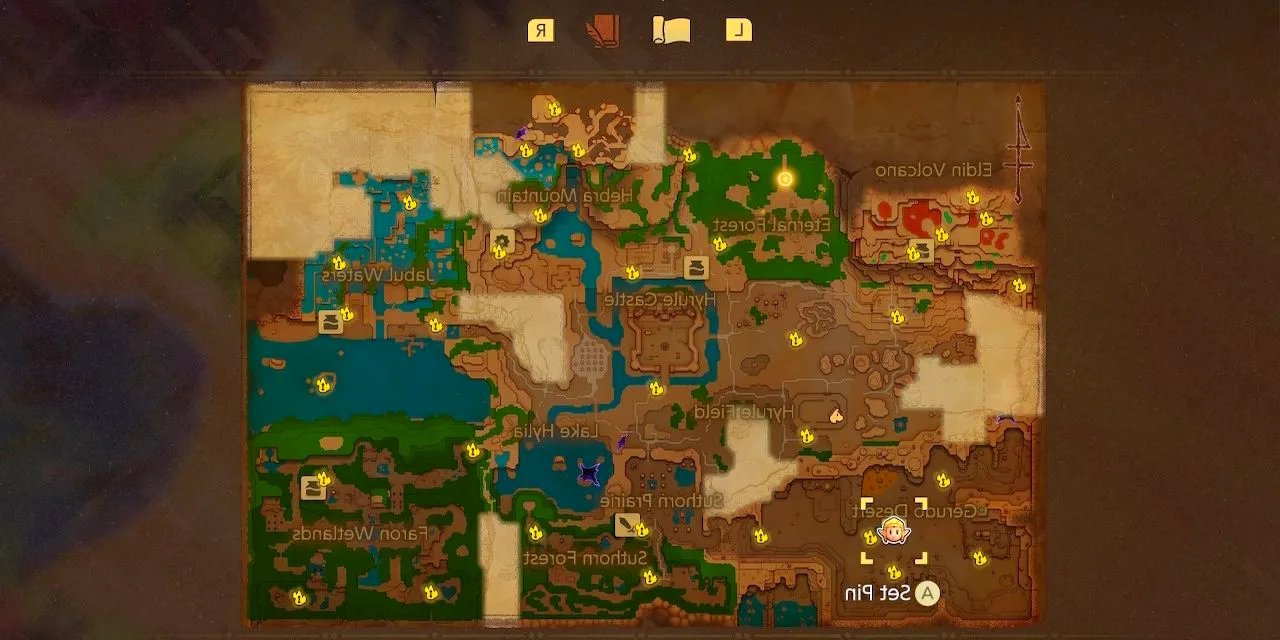 Zelda Echoes of Wisdom's map shows several regions from the game. Image