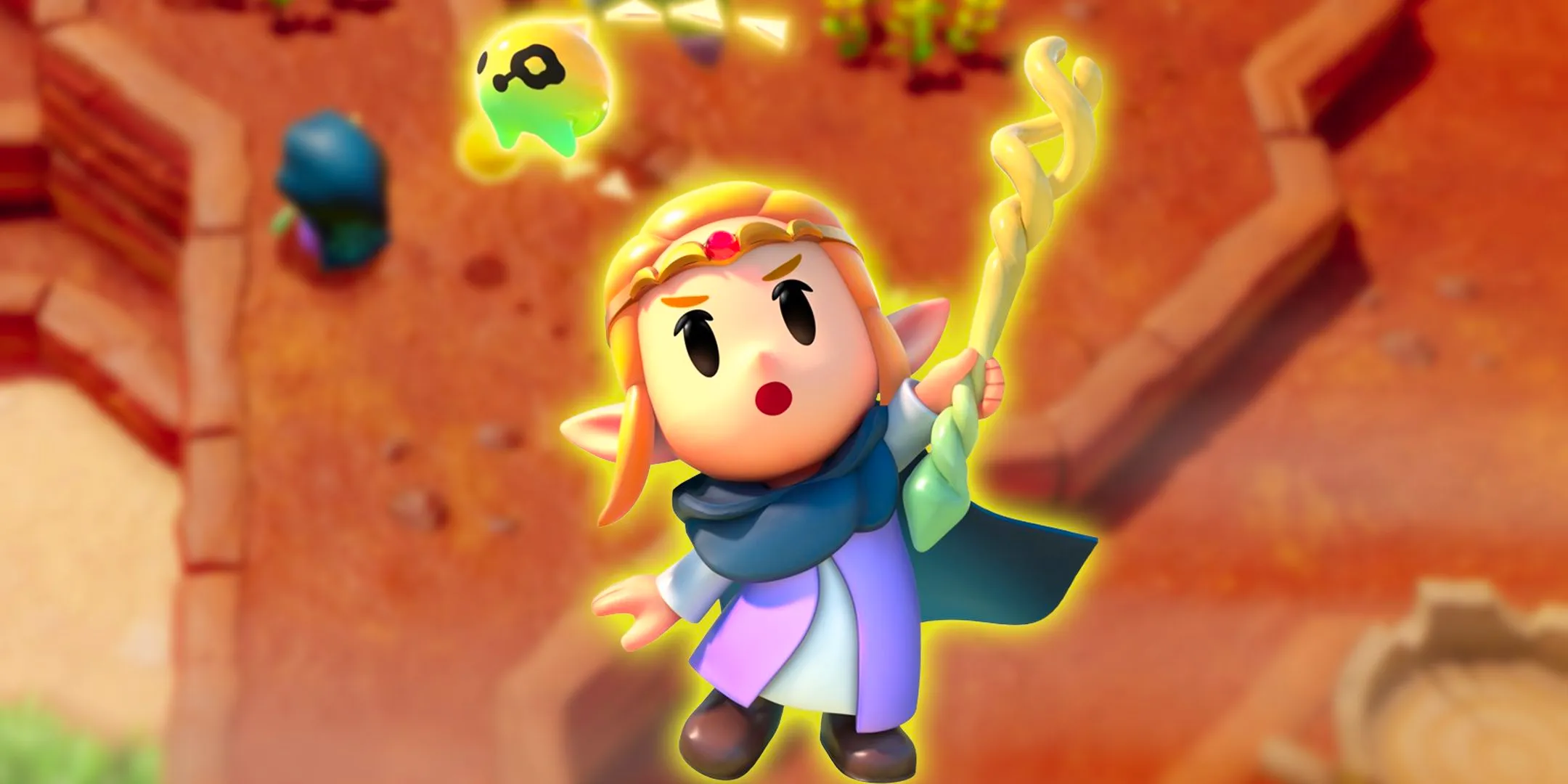 Zelda from Echoes of Wisdom in front of a red desert environment. Image