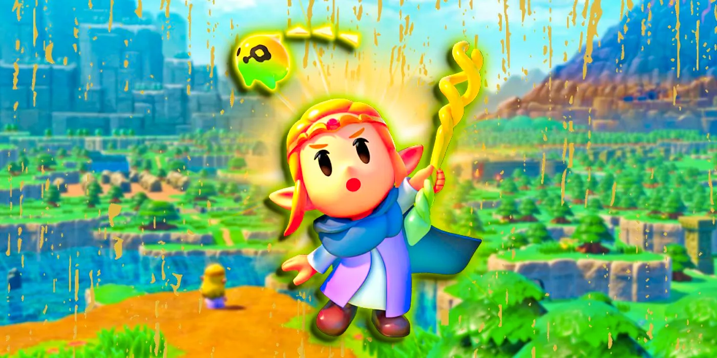 Zelda from Echoes of Wisdom lifts her staff, with Hyrule in the distance. Image