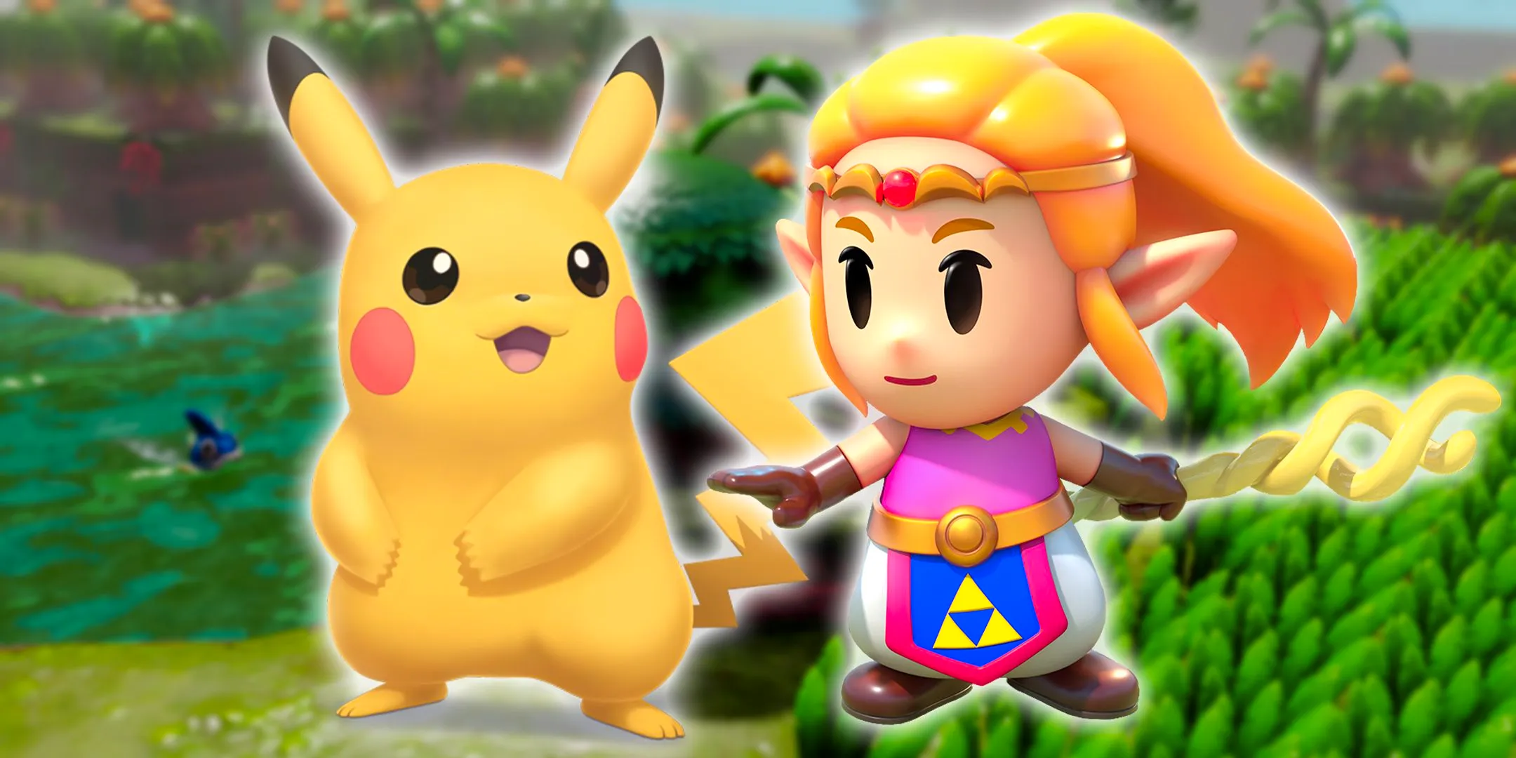 Zelda from Echoes Of Wisdom next to Pikachu in front of the Faron Wetlands region. Image