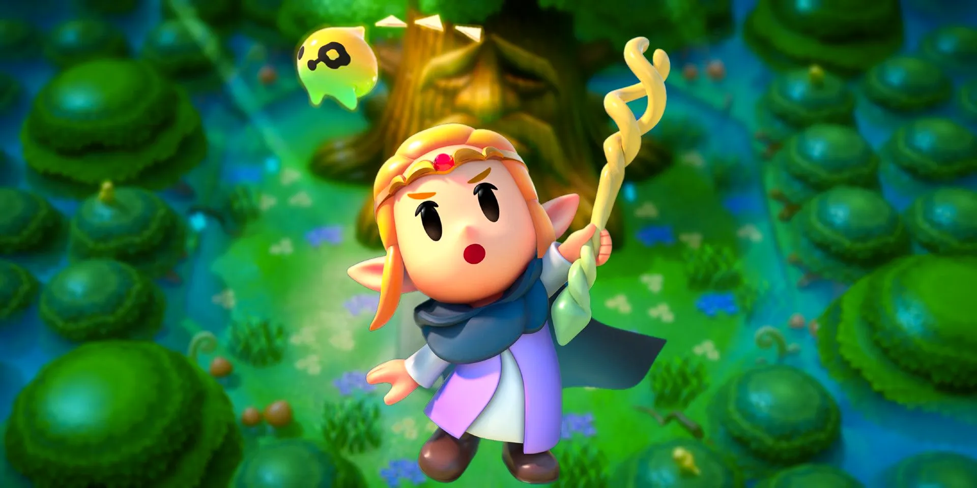 Zelda from Echoes of Wisdom, with a blurred forest in the background. Image