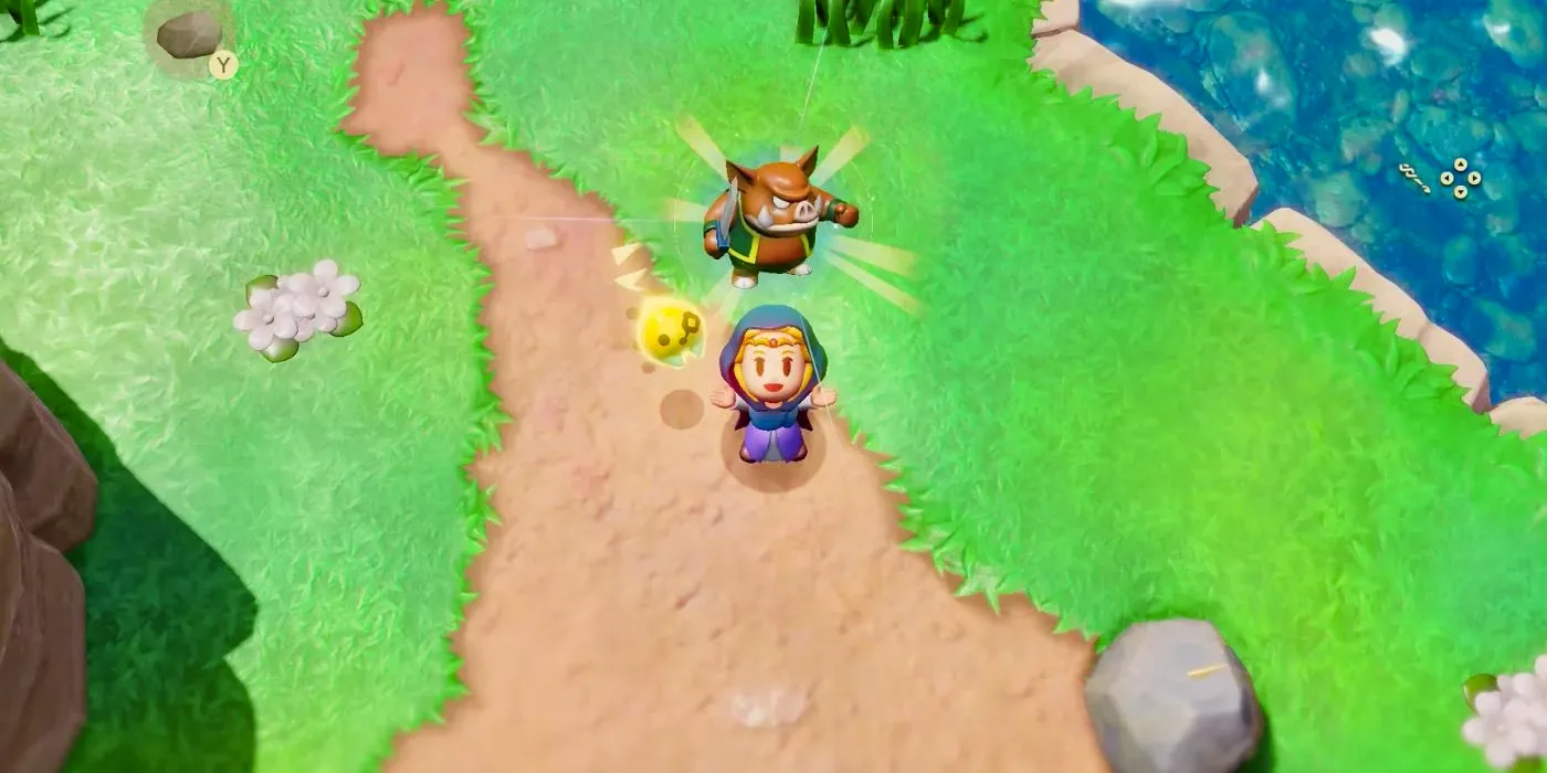 Zelda holding up a moblin in Echoes of Wisdom. Image