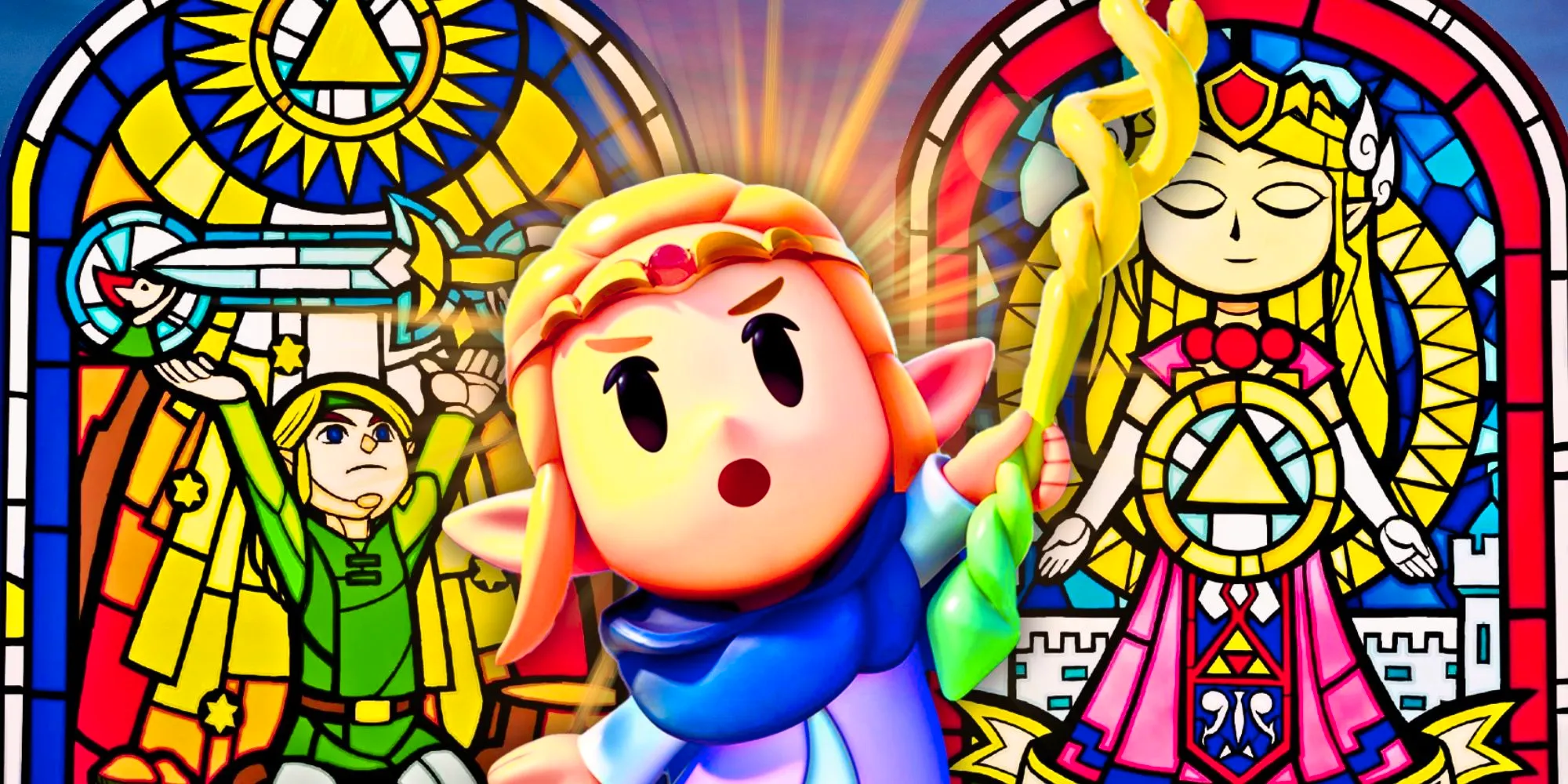 Zelda holding up the Tri Rod in front of a background of two stained glass windows. Image