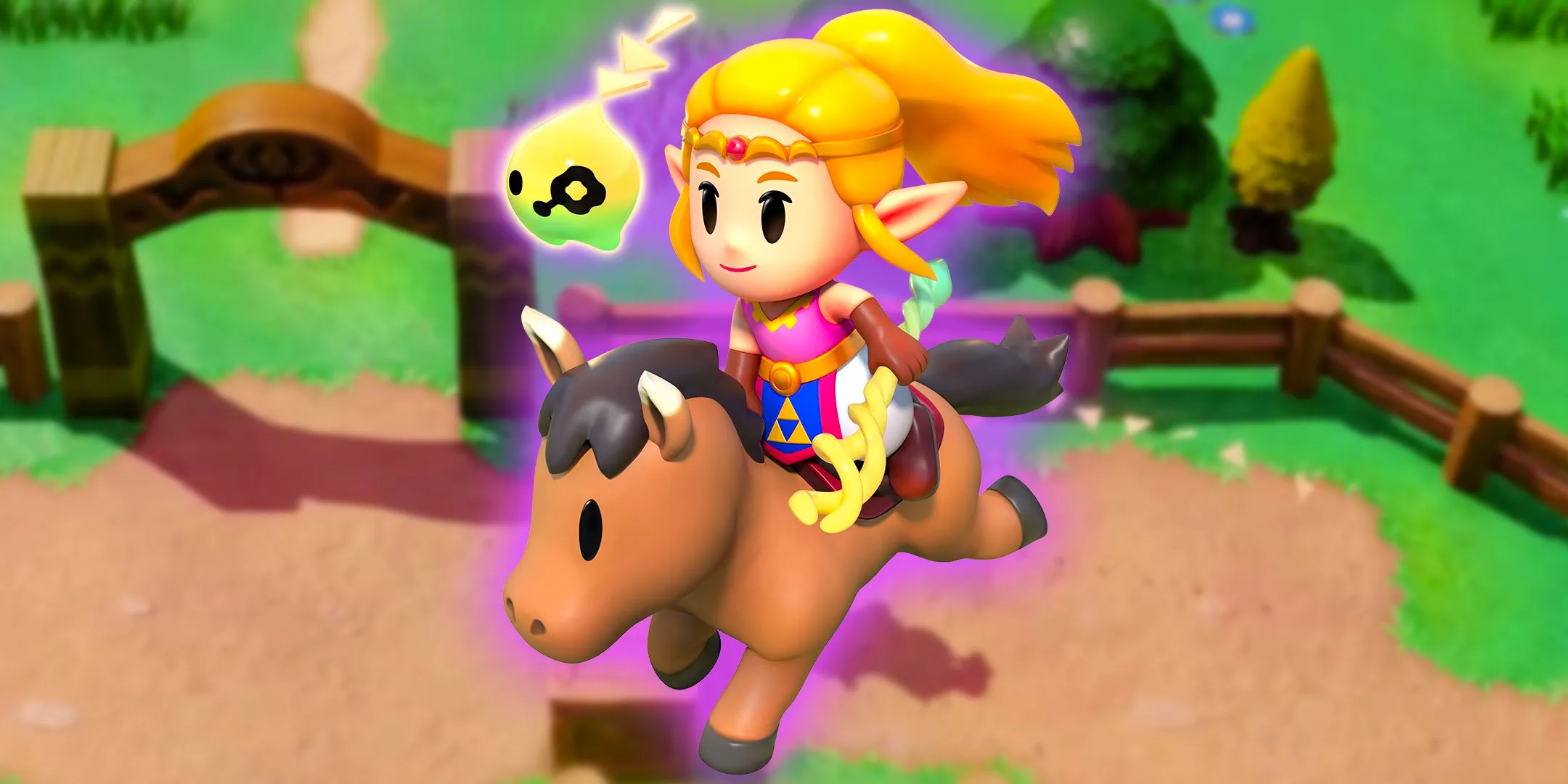 Zelda on horseback in The Legend of Zelda: Echoes of Wisdom in front of Hyrule Ranch. Image