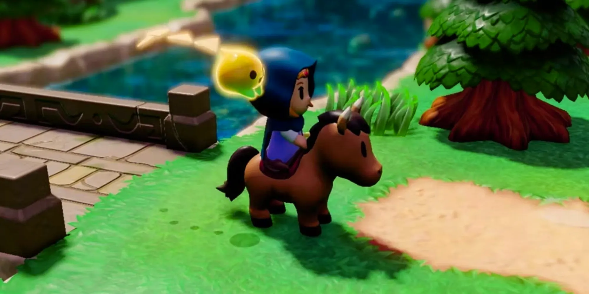 Zelda riding a brown horse near a bridge in The Legend of Zelda: Echoes of Wisdom. Image