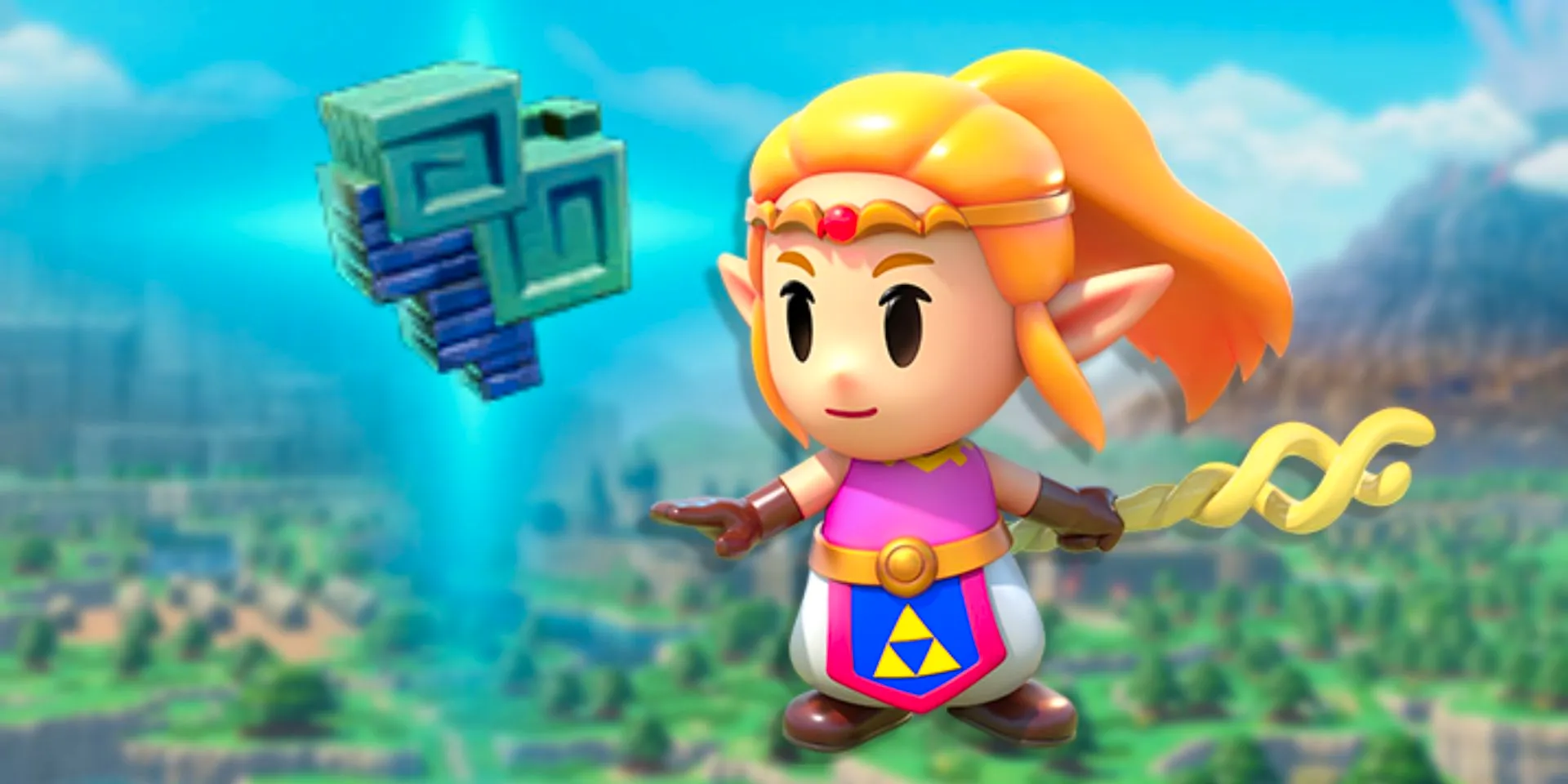 Zelda stands beside a render of a Might Crystal, a bismuth-shaped purple and blue rock from Zelda Echoes of Wisdom. Image