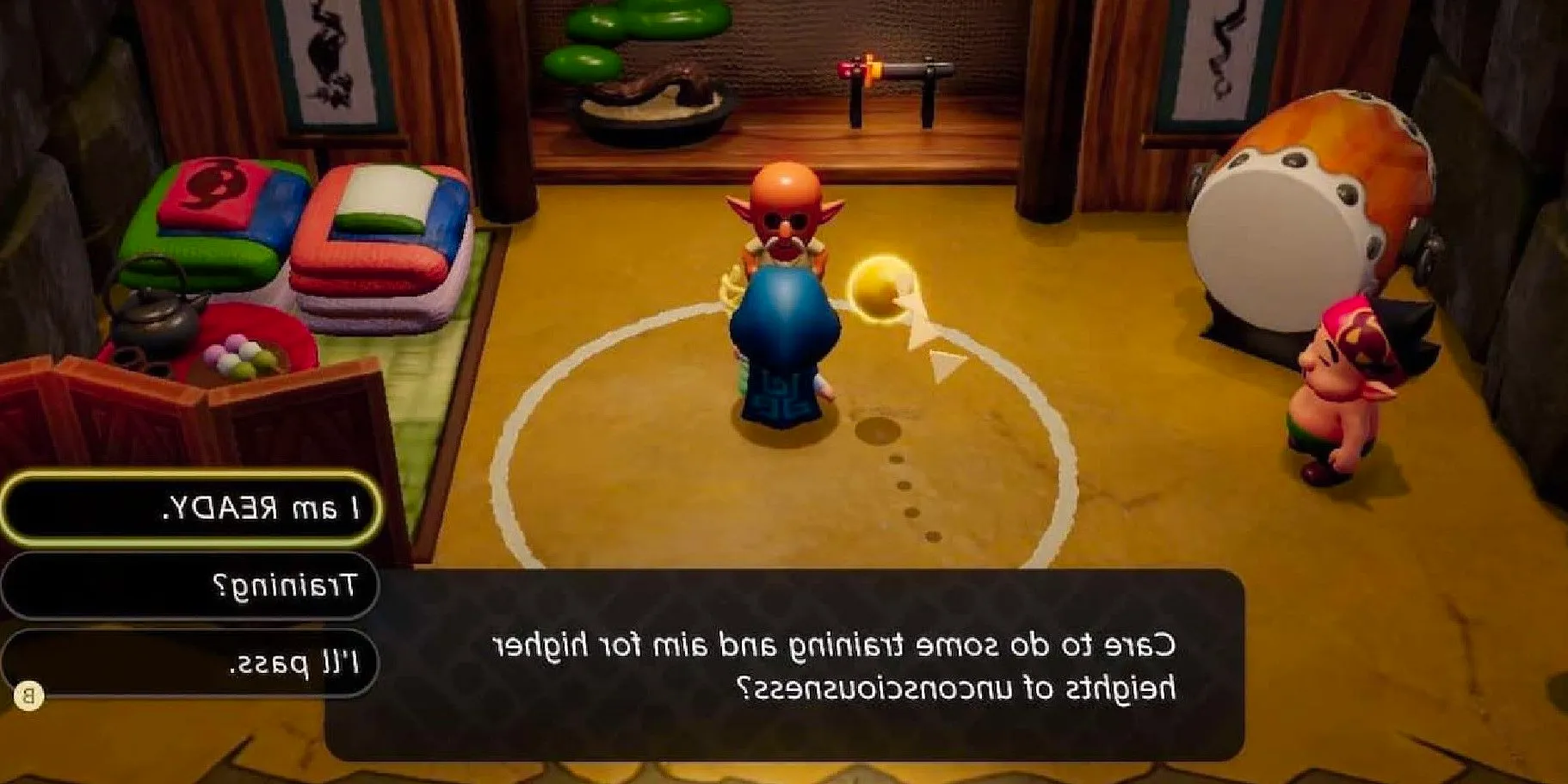 zelda talking to the slumber dojo man in the legend of zelda echoes of wisdom Image