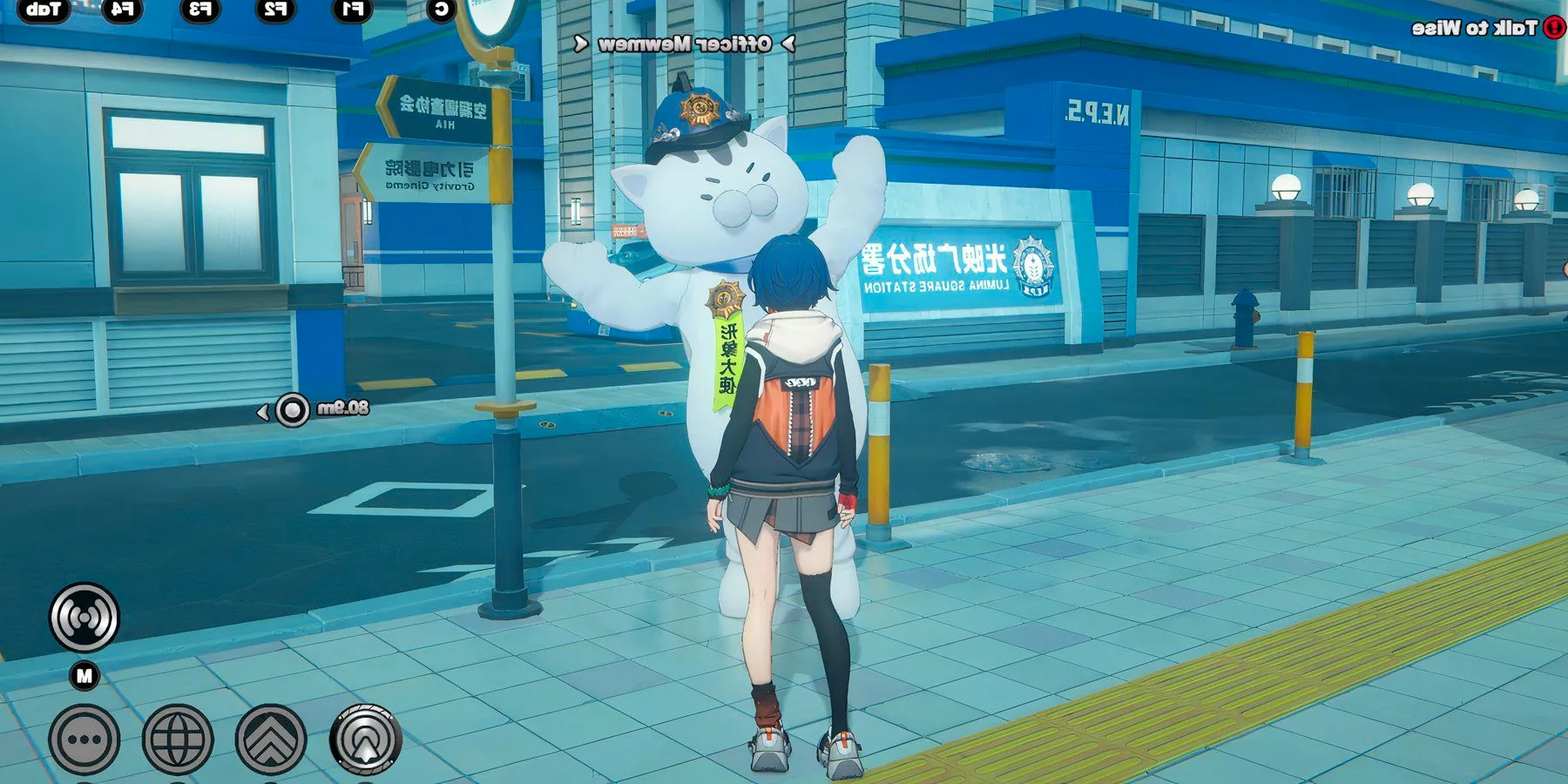 Zenless Zone Zero Bell Standing In Front Of Officer Mewmew In Lumina Square Image