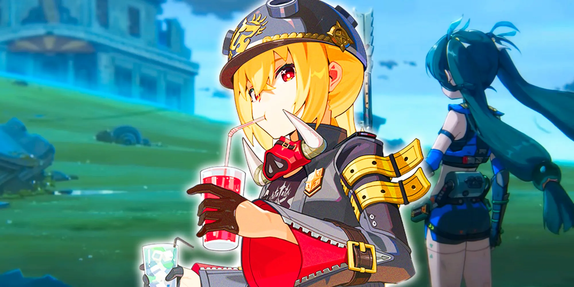 Zenless Zone Zero character sipping on a drink with Qingyi in the background.  Image