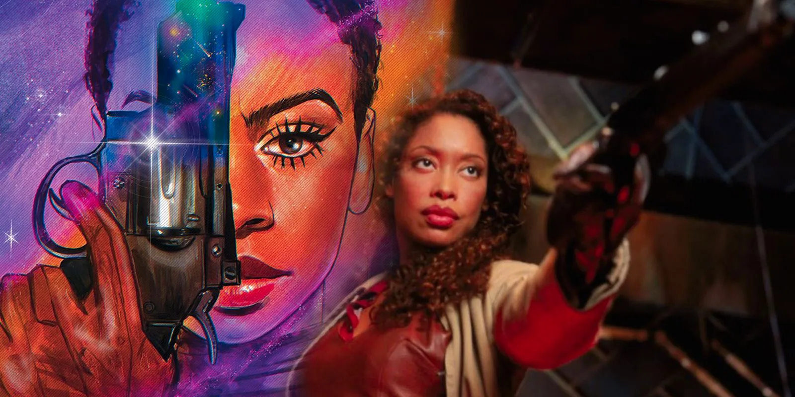 Zoe from Firefly, as played by Gina Torres, points a gun in a comped image that features her Year One comic counterpart behind her, holding a gun in front of her face, Trigun-style. Image