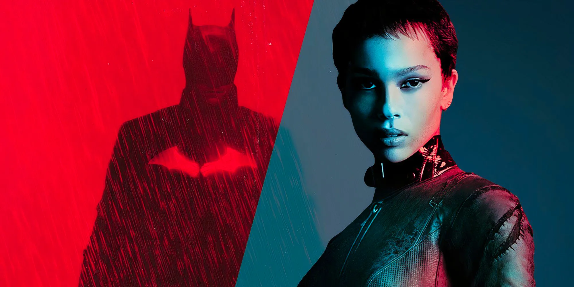 Zoe Kravitz as Catwoman next to the poster for The Batman (2022) Image