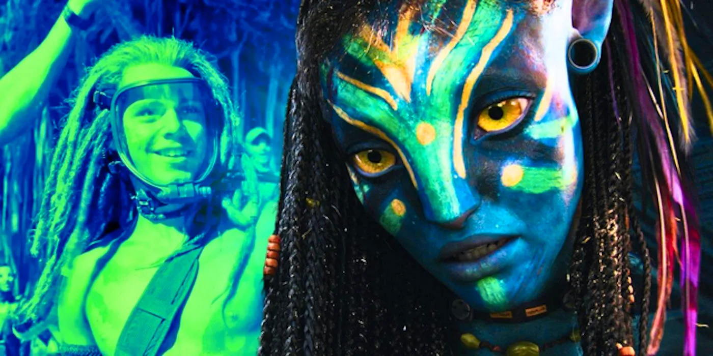 Zoe Saldana's Neytiri in closeup beside Jack Champion's Spider from Avatar the Way of Water Image