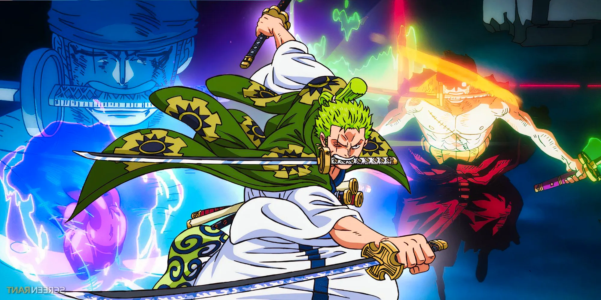 Zoro from one piece as seen in the wano arc wielding his three swords. in the background are stills from zoro vs king featuring the king of hell scene to the left & zoro channeling haki through his heart to the right Image