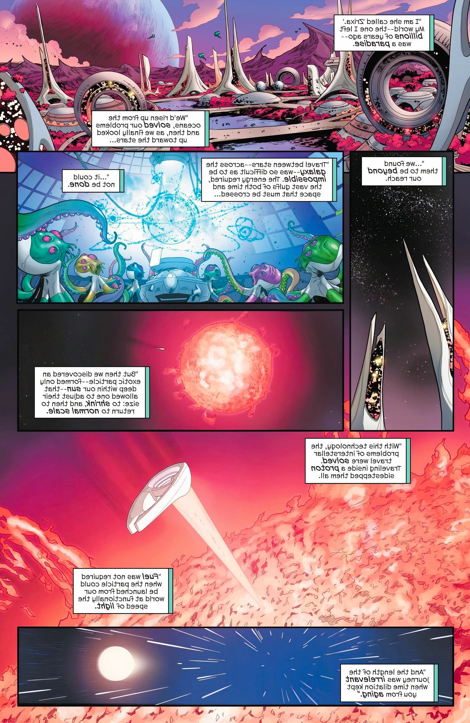 Zrixa Explains Lightspeed Proton Travel to Fantastic Four with panels showing her planet.  Image