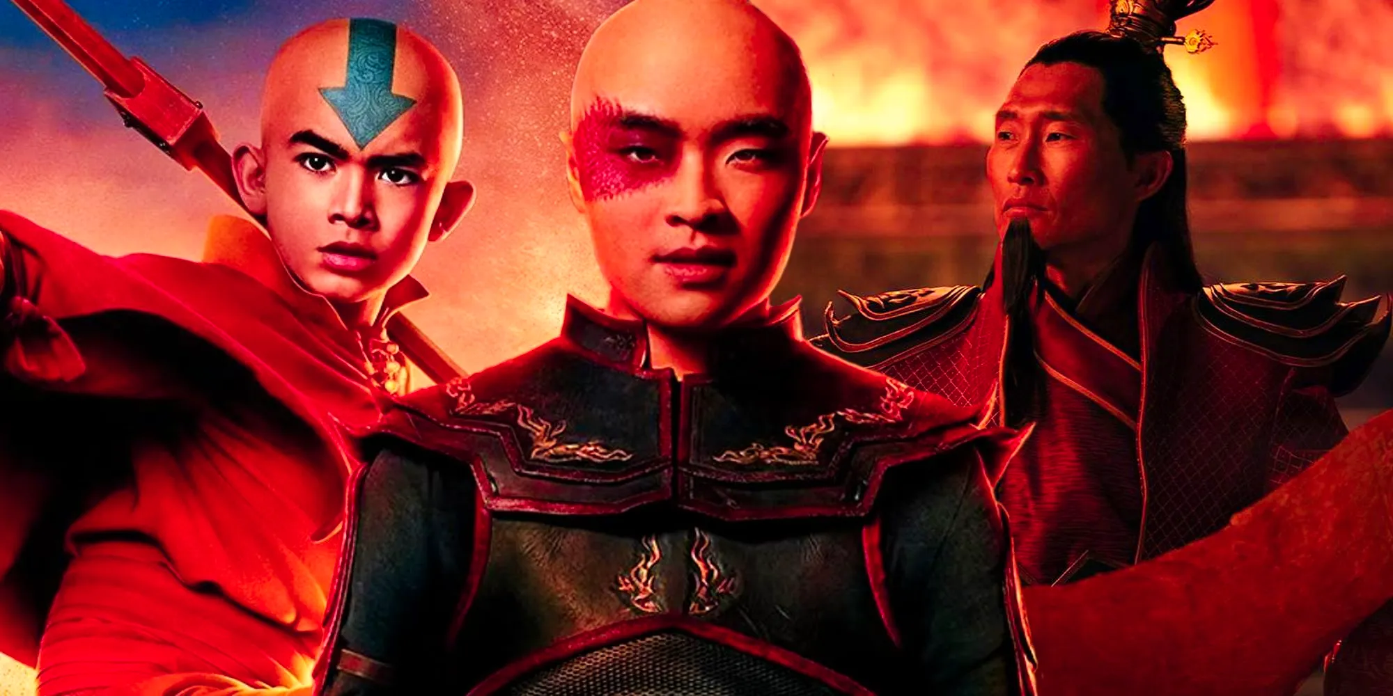 Zuko and Aang in their character posters next to Ozai holding a scroll in Netflix's Avatar: The Last Airbender Image